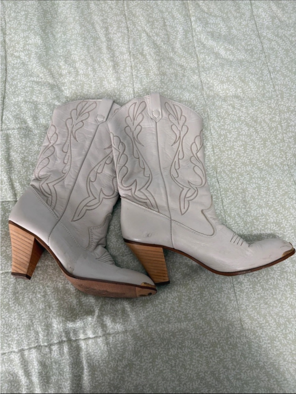 Off White Embroidered Western Ankle Boots
